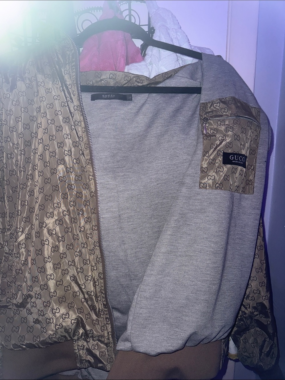 GG Beige Brown Monogram Zip-Up Jacket
